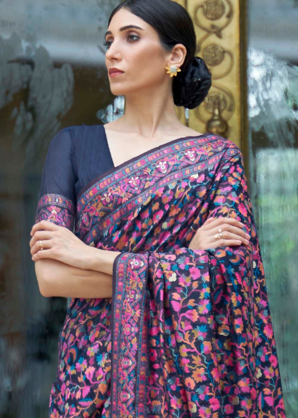 French Navy Blue Banarasi Jamawar Woven Silk Saree : Top Pick - Colorful Saree