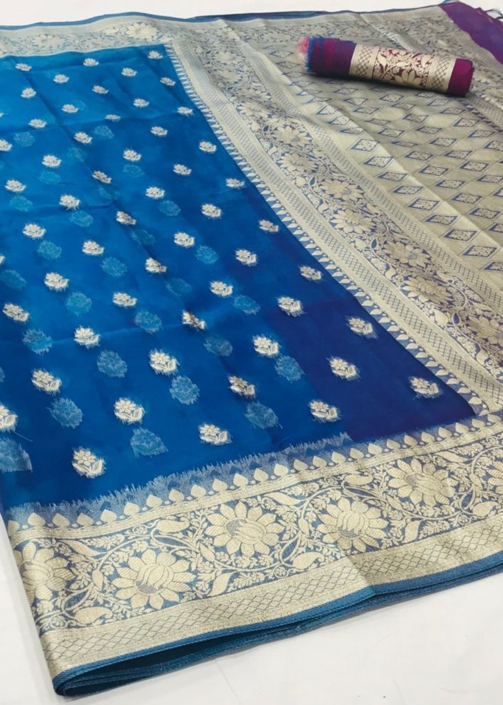 Egyptian Blue Zari Woven Organza Silk Saree - Colorful Saree