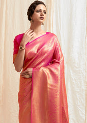 Deep Pink & Golden Blend Kanjivaram Silk Saree - Colorful Saree