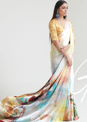 Flax Yellow Satin Silk Digital Printed Saree - Colorful Saree