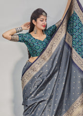 Steel Grey Woven Banarasi Silk Saree with Patola Pallu and Blouse - Colorful Saree