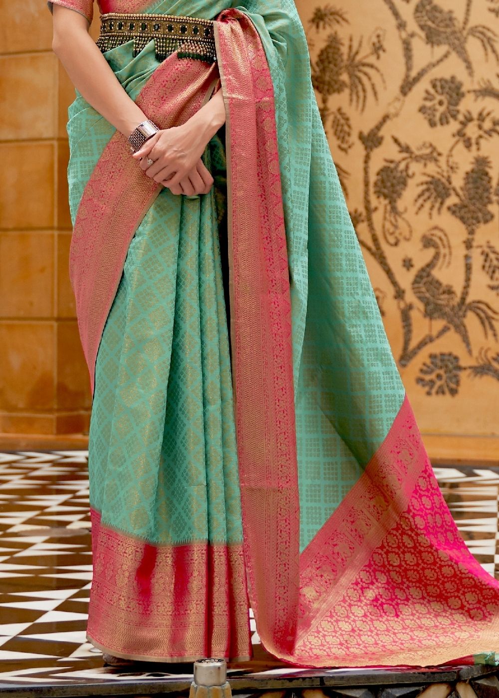 Caribbean Green Zari Woven Kanjivaram Silk Saree - Colorful Saree