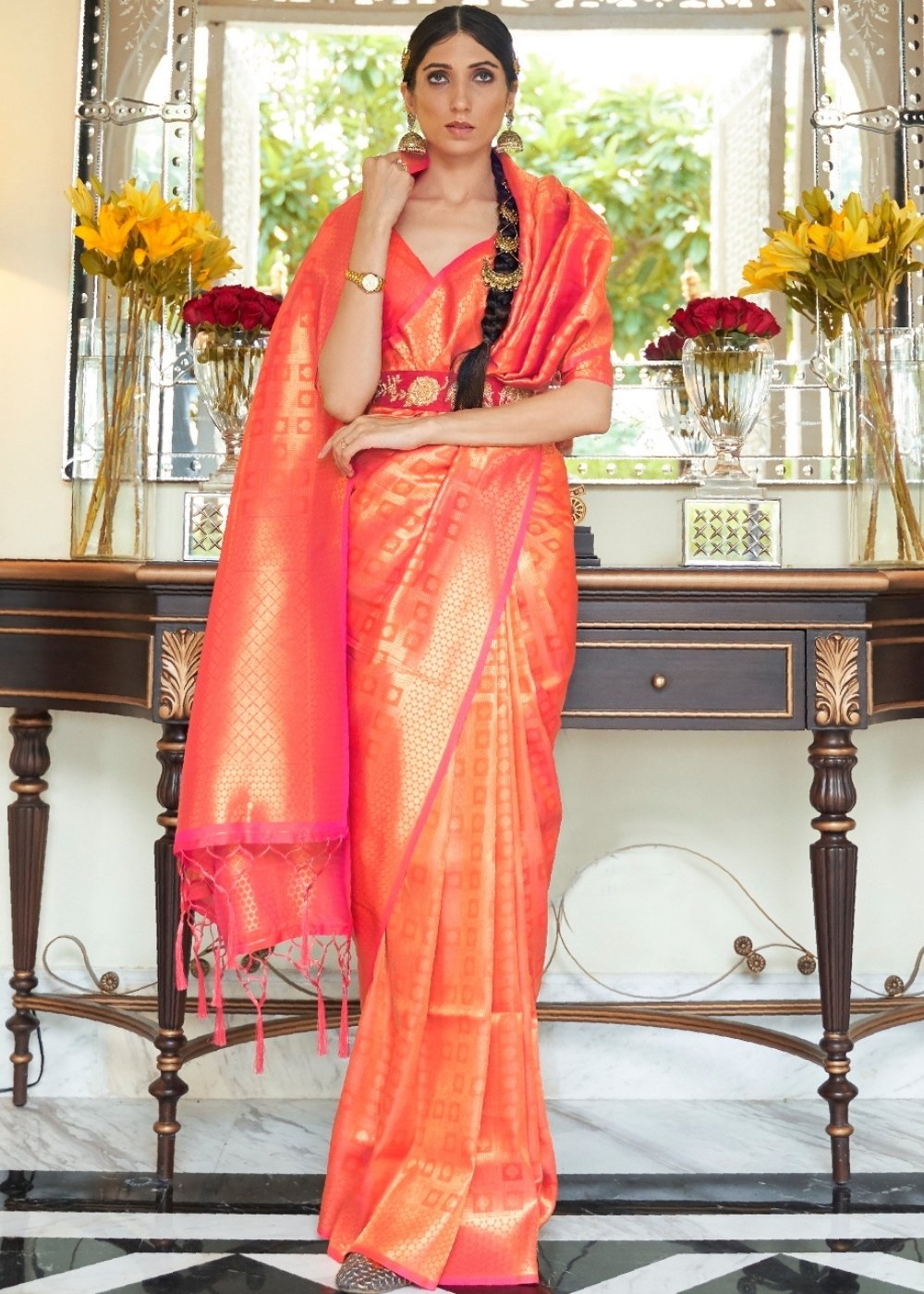 Persimmon Orange Zari Woven Kanjivaram Silk Saree with Tassels on Pallu - Colorful Saree