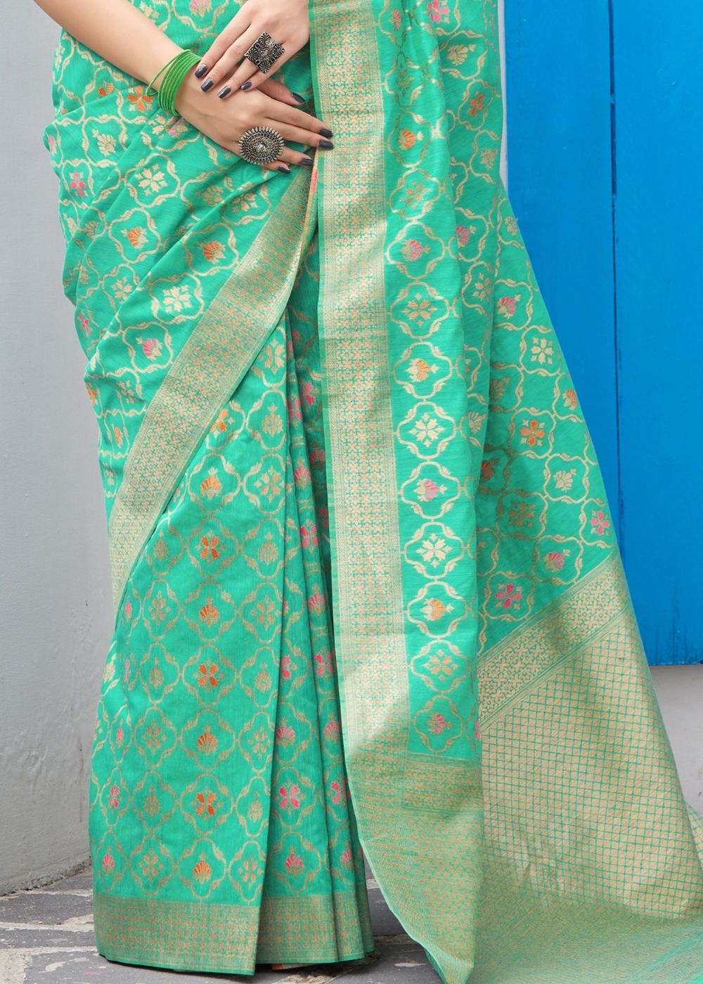 Sea Green Banarasi Cotton Silk Saree - Colorful Saree