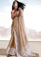 Umber Brown Soft Linen Silk Saree with Lucknowi work and Sequence Blouse - Colorful Saree