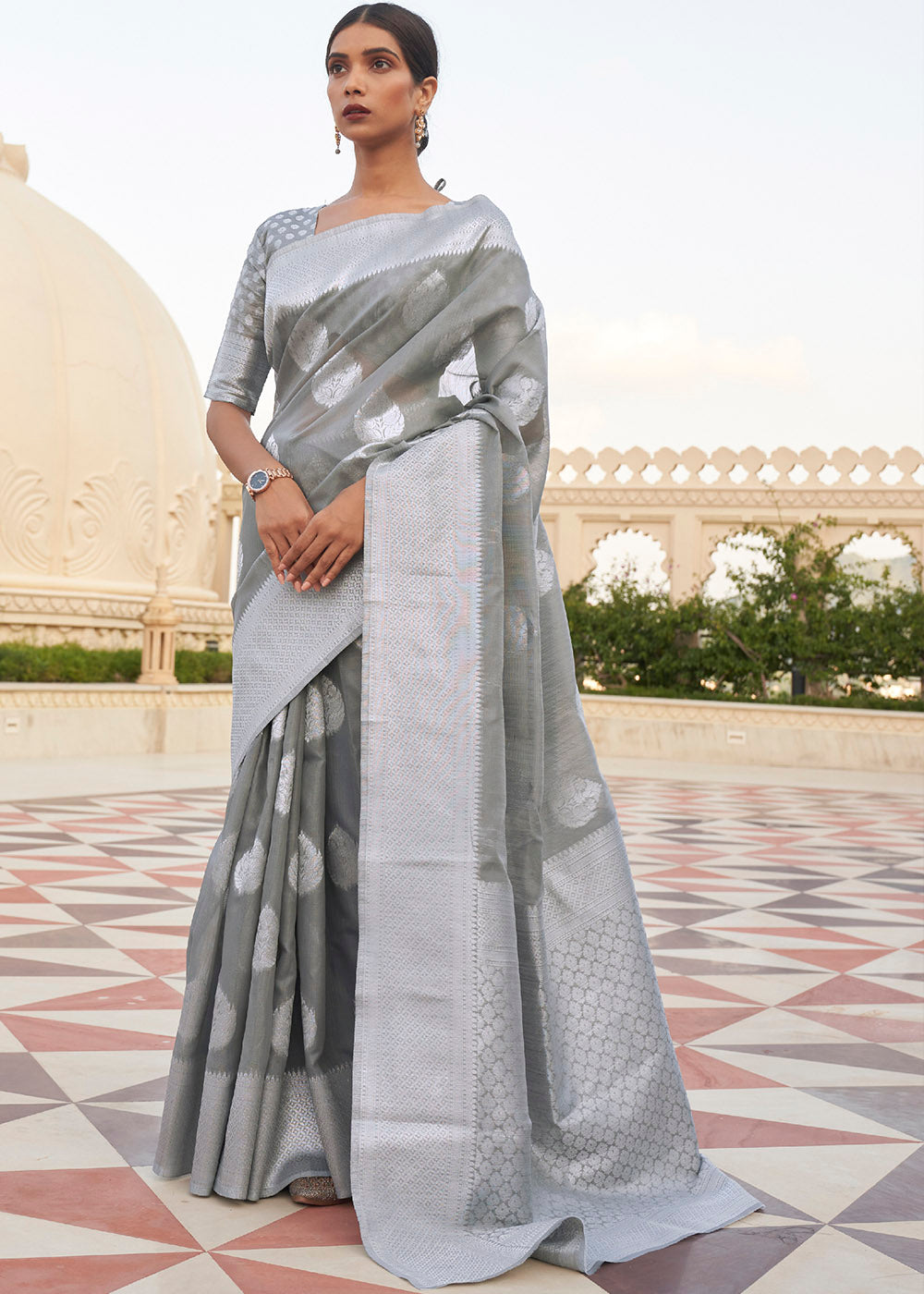 Charcoal Grey Woven Linen Silk Saree - Colorful Saree