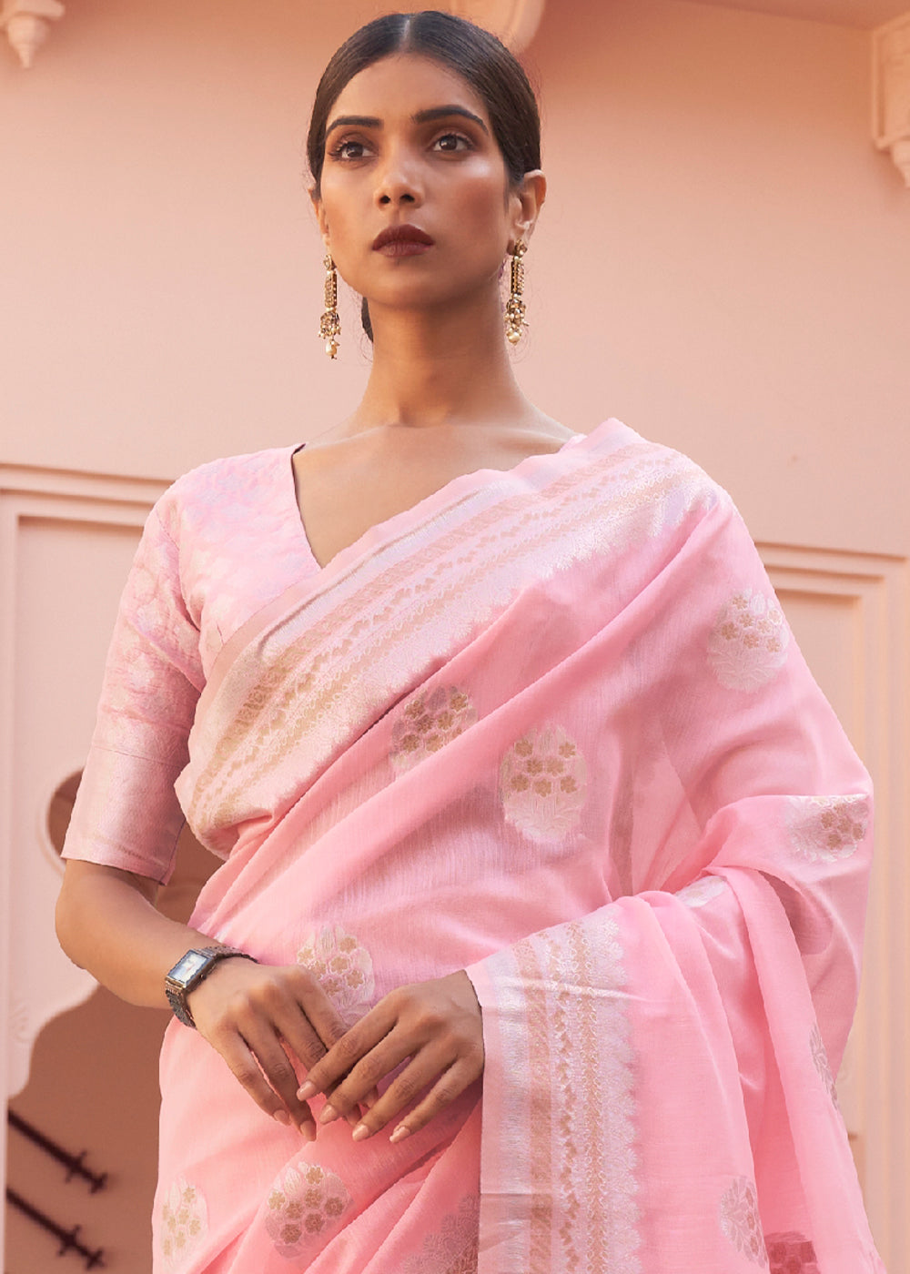 Flamingo Pink Woven Linen Silk Saree - Colorful Saree