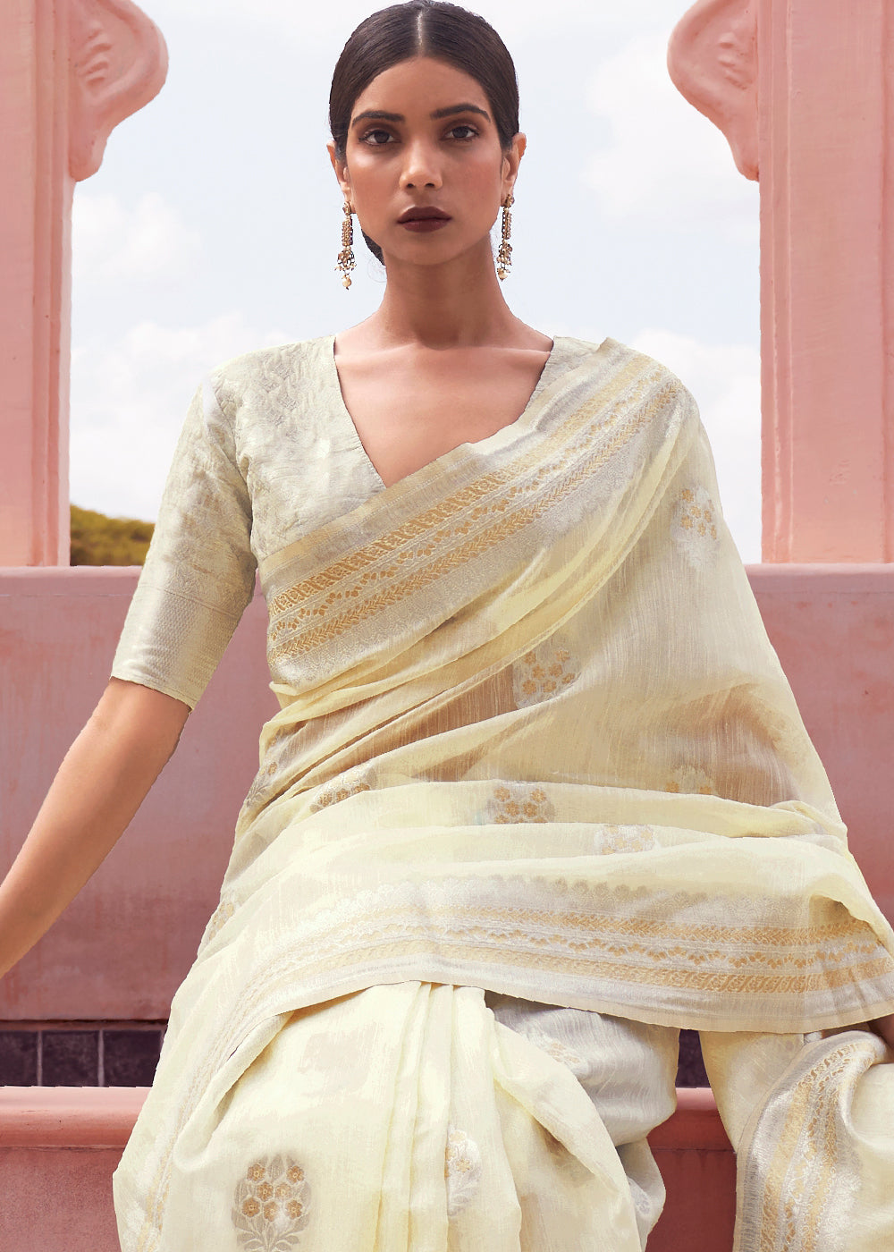 Light Yellow Woven Linen Silk Saree - Colorful Saree