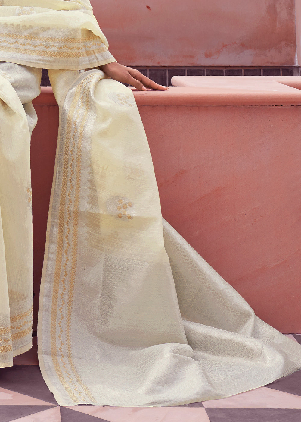 Light Yellow Woven Linen Silk Saree - Colorful Saree