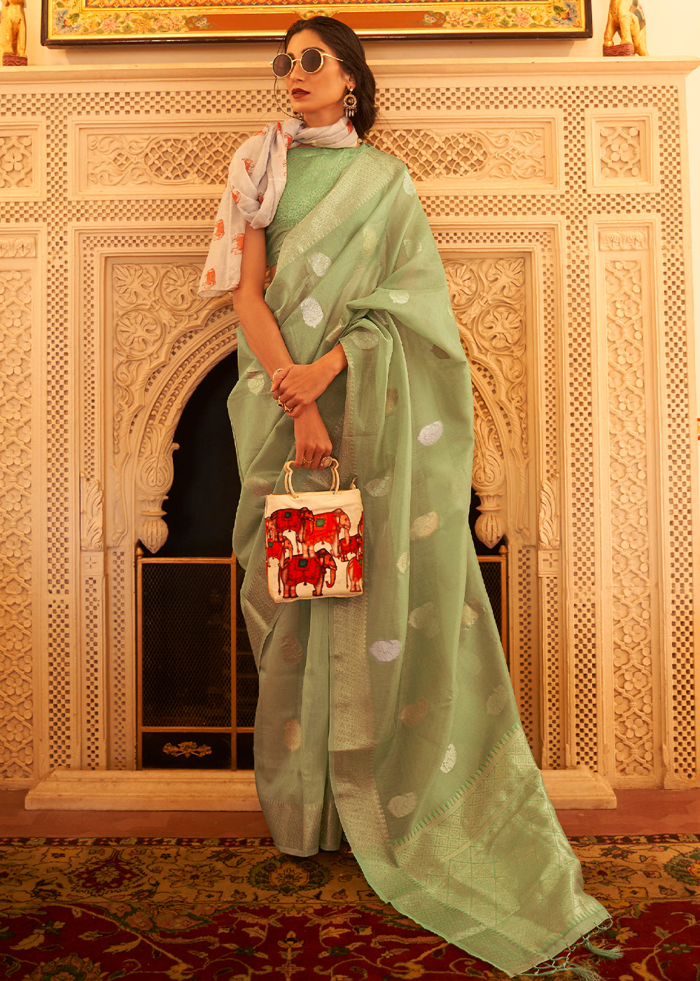 Pear Green Zari Woven Soft Tissue Silk Saree - Colorful Saree