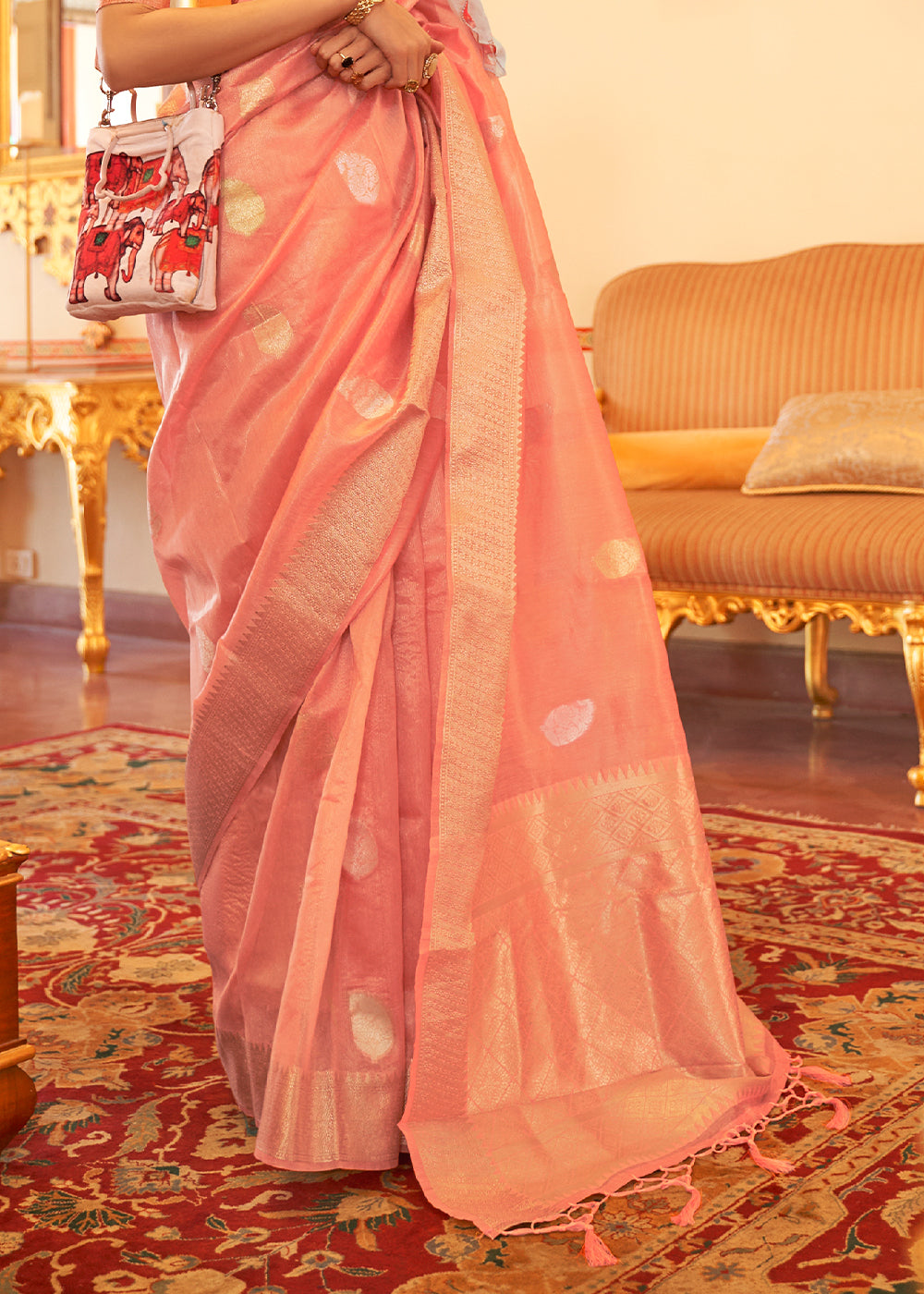 Salmon Pink Zari Woven Soft Tissue Silk Saree - Colorful Saree