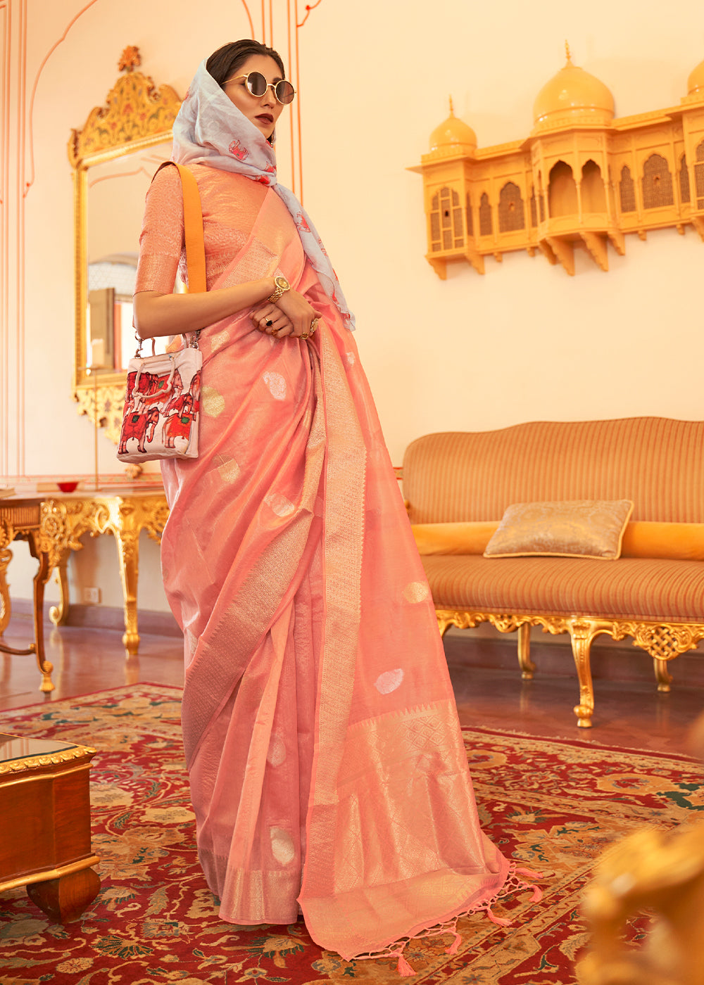 Salmon Pink Zari Woven Soft Tissue Silk Saree - Colorful Saree