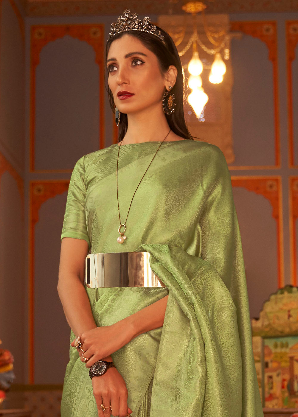 Pear Green Designer Satin Silk Saree - Colorful Saree