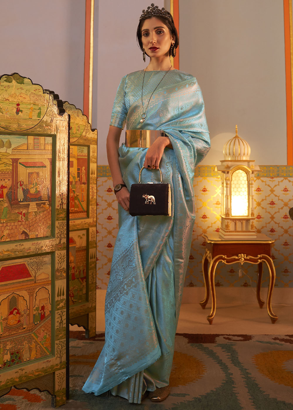 Cyan Blue Designer Satin Silk Saree - Colorful Saree
