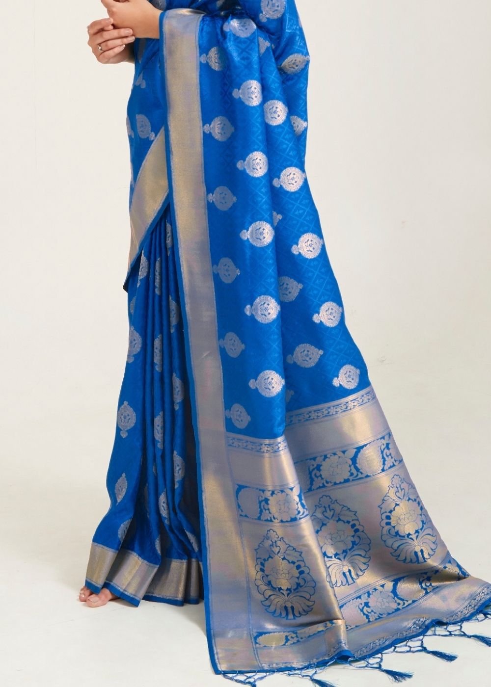 Egyptian Blue Zari Butta Woven Banasari Silk Saree - Colorful Saree