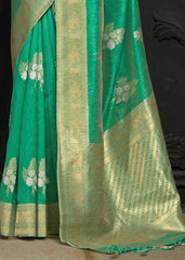 Jungle Green Banarasi Silk Floral Woven Saree with Golden Border and Pallu - Colorful Saree