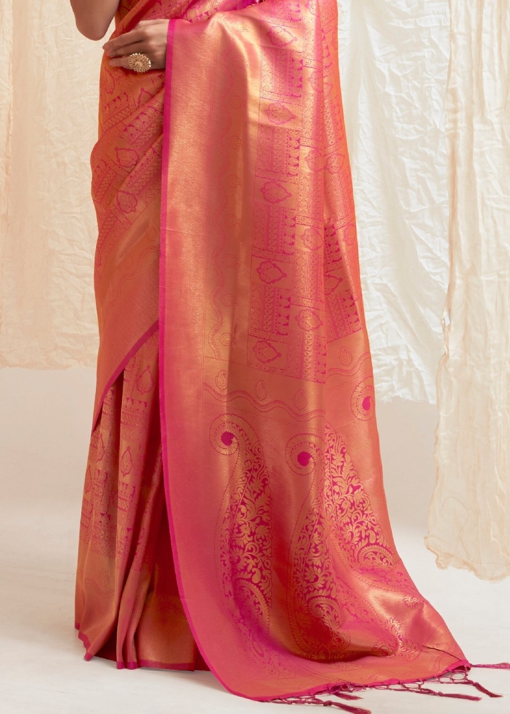 Deep Pink & Golden Blend Kanjivaram Silk Saree - Colorful Saree