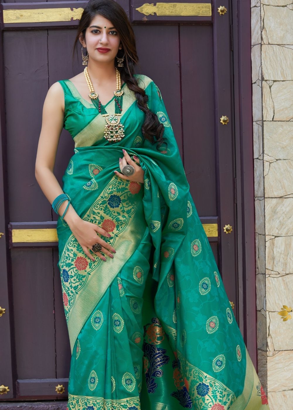 Emerald Green Silk Saree with Floral Motif Zari Border - Colorful Saree