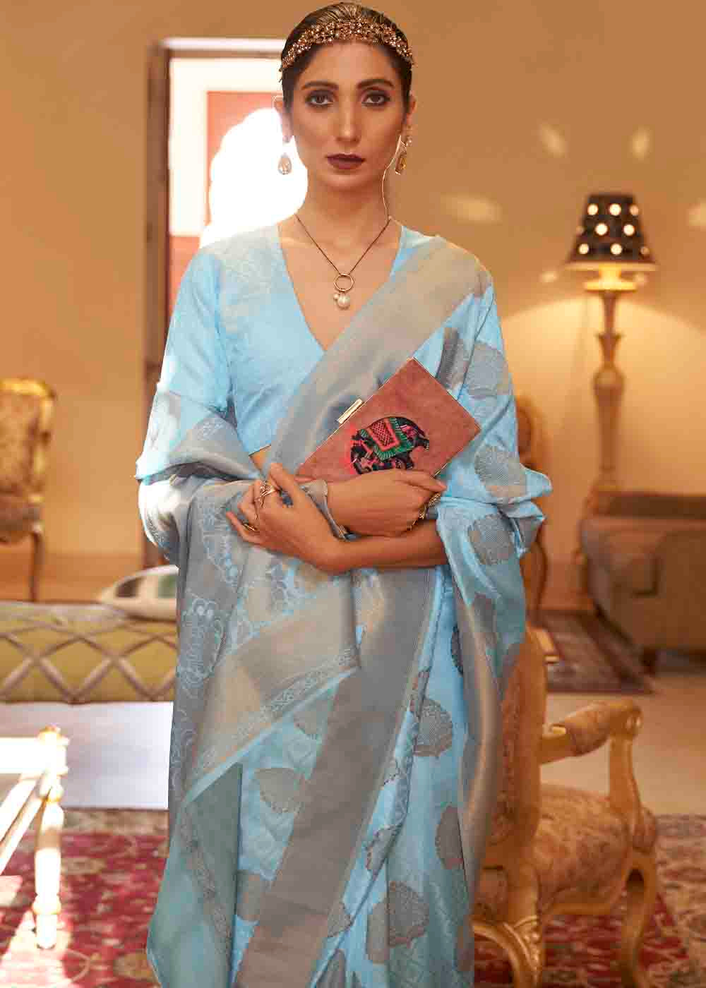 Sky Blue Handloom Weave Banarasi Silk Saree - Colorful Saree
