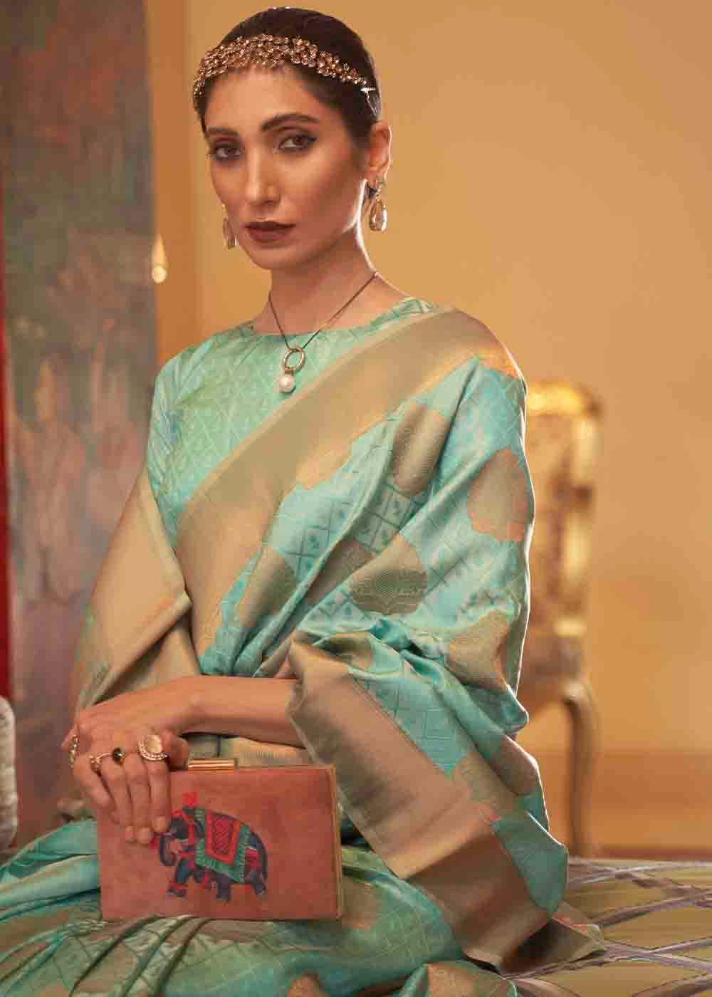Seafoam Green Handloom Weave Banarasi Silk Saree - Colorful Saree