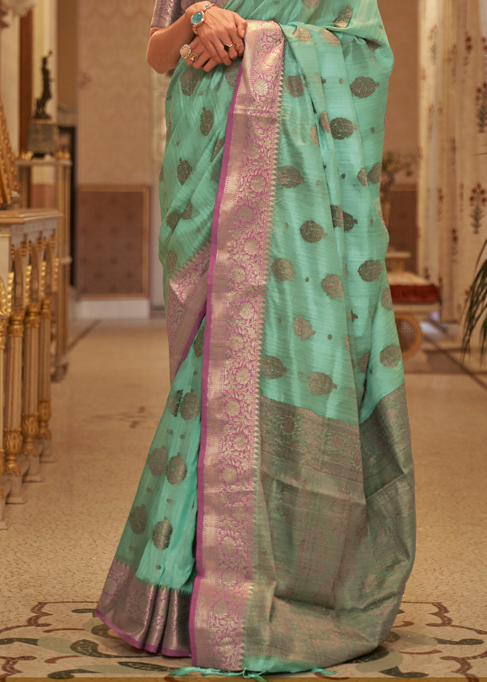 Fern Green Zari Butta Woven Tussar Silk Saree - Colorful Saree