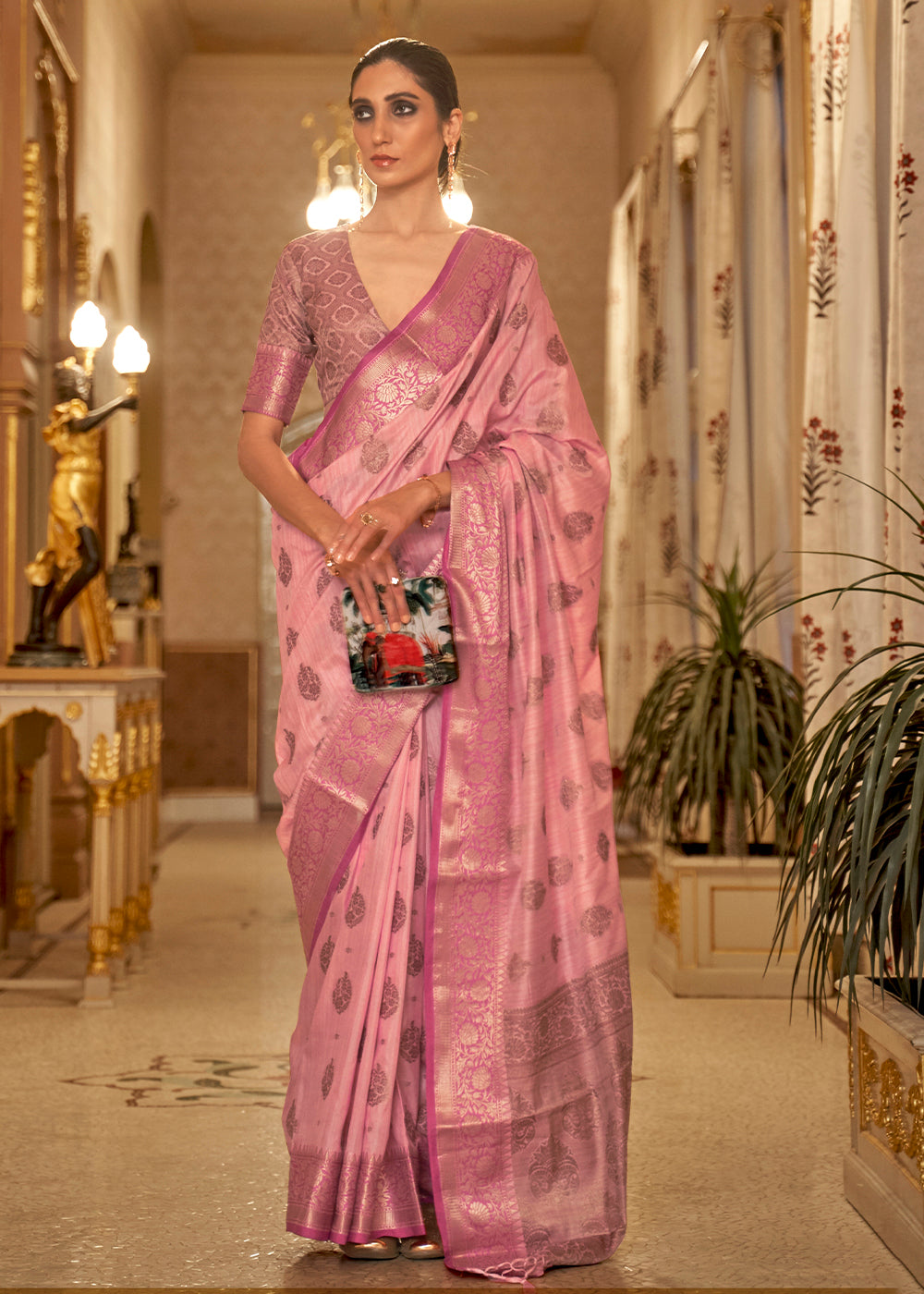 Mauvelous Pink Zari Butta Woven Tussar Silk Saree - Colorful Saree