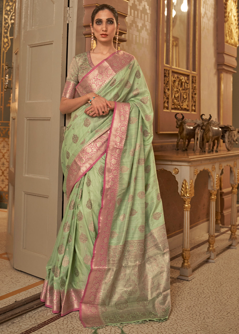 Pastel Green Zari Butta Woven Tussar Silk Saree - Colorful Saree