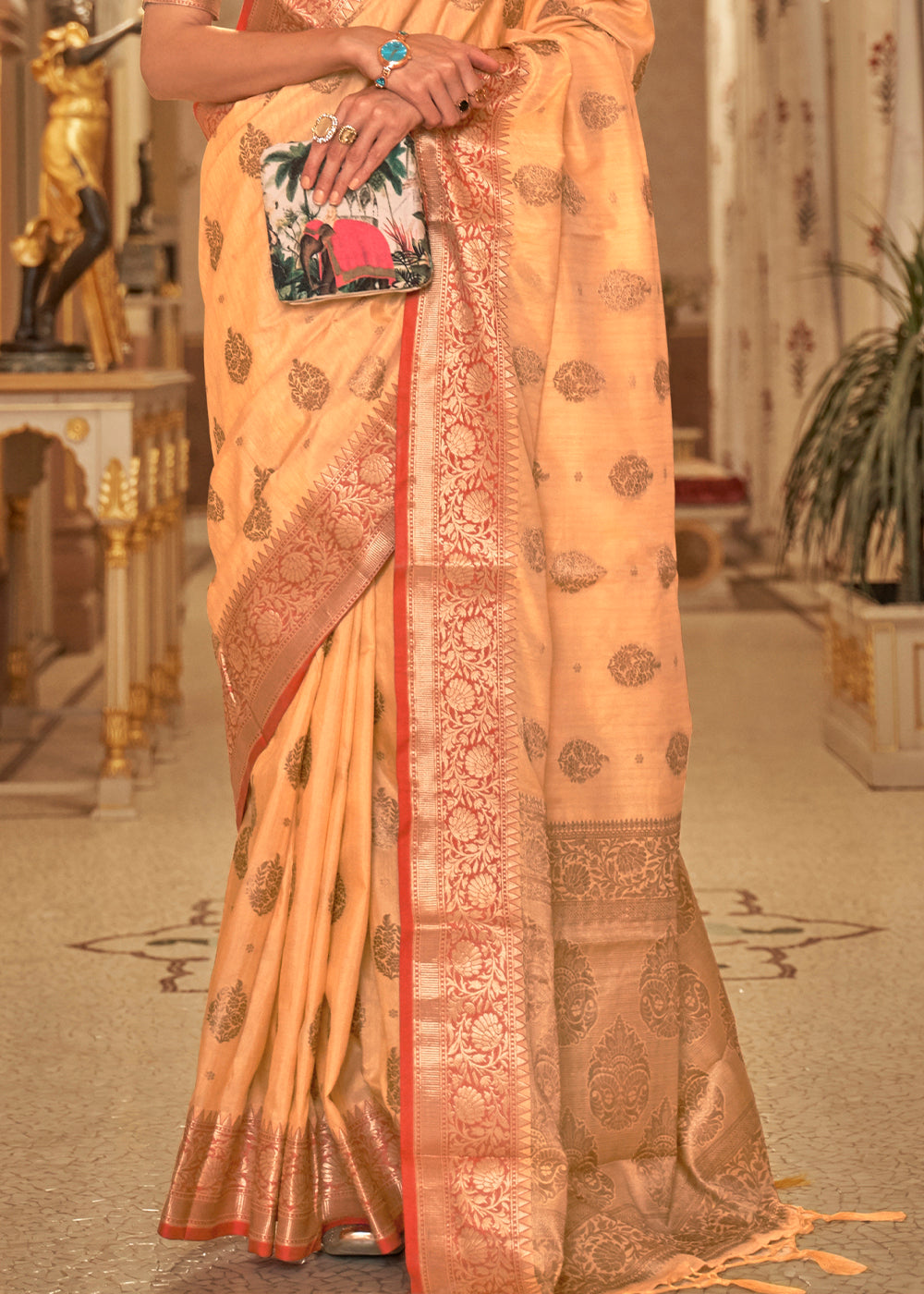 Light Orange Zari Butta Woven Tussar Silk Saree - Colorful Saree