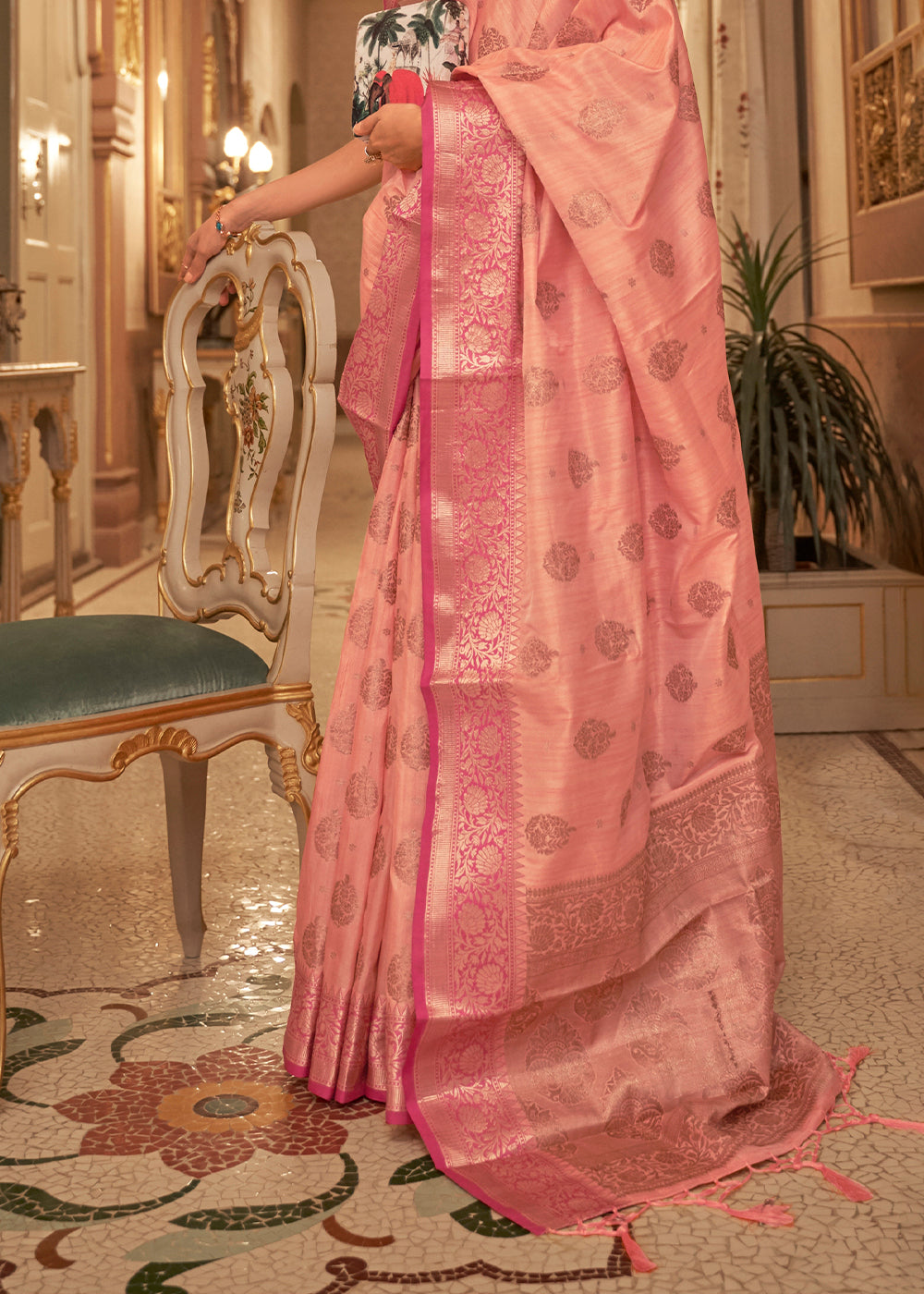 Coral Pink Zari Butta Woven Tussar Silk Saree - Colorful Saree