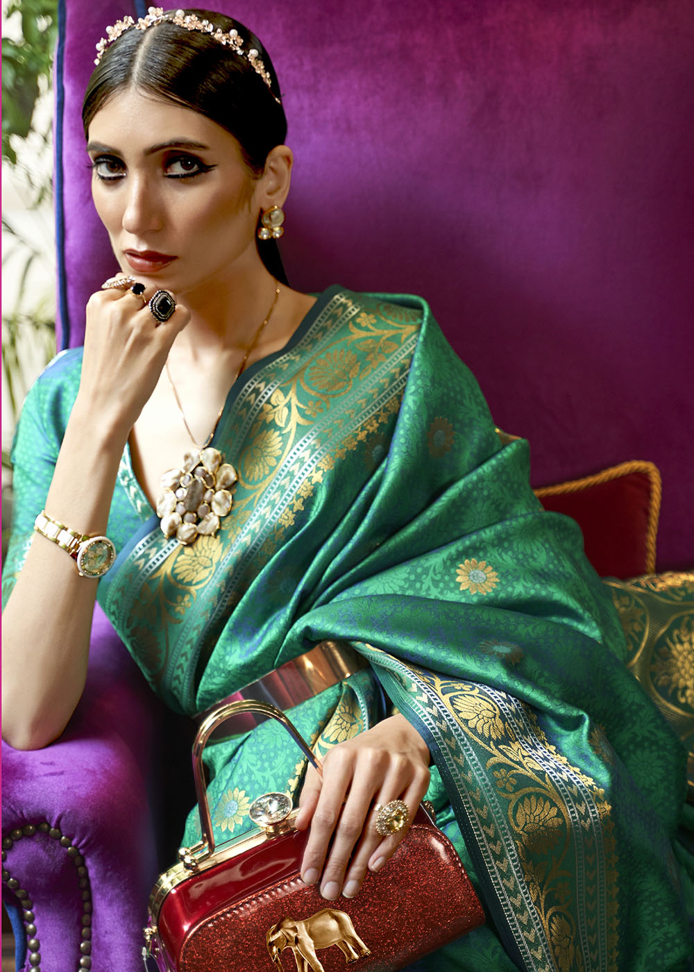 Persian Green Kanjivaram Silk Saree Woven with Silver & Golden Zari - Colorful Saree