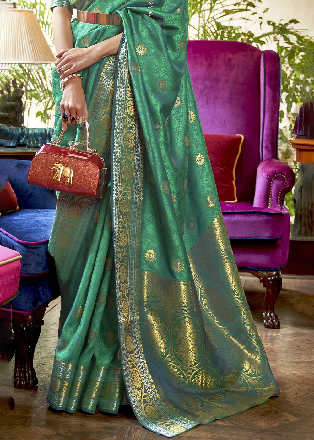 Persian Green Kanjivaram Silk Saree Woven with Silver & Golden Zari - Colorful Saree