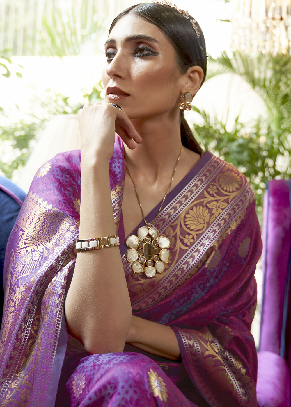 Fandango Purple Kanjivaram Silk Saree Woven with Silver & Golden Zari - Colorful Saree