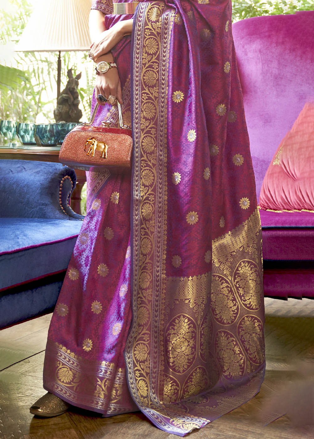Fandango Purple Kanjivaram Silk Saree Woven with Silver & Golden Zari - Colorful Saree