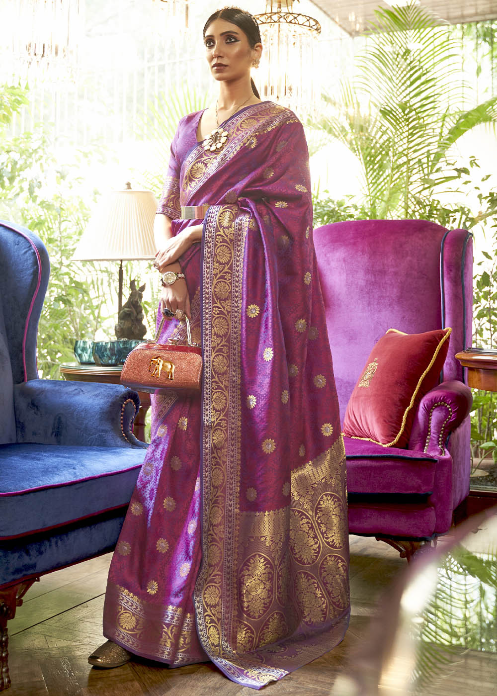 Fandango Purple Kanjivaram Silk Saree Woven with Silver & Golden Zari - Colorful Saree