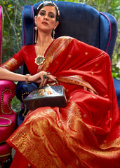 Crimson Red Kanjivaram Silk Saree Woven with Silver & Golden Zari - Colorful Saree