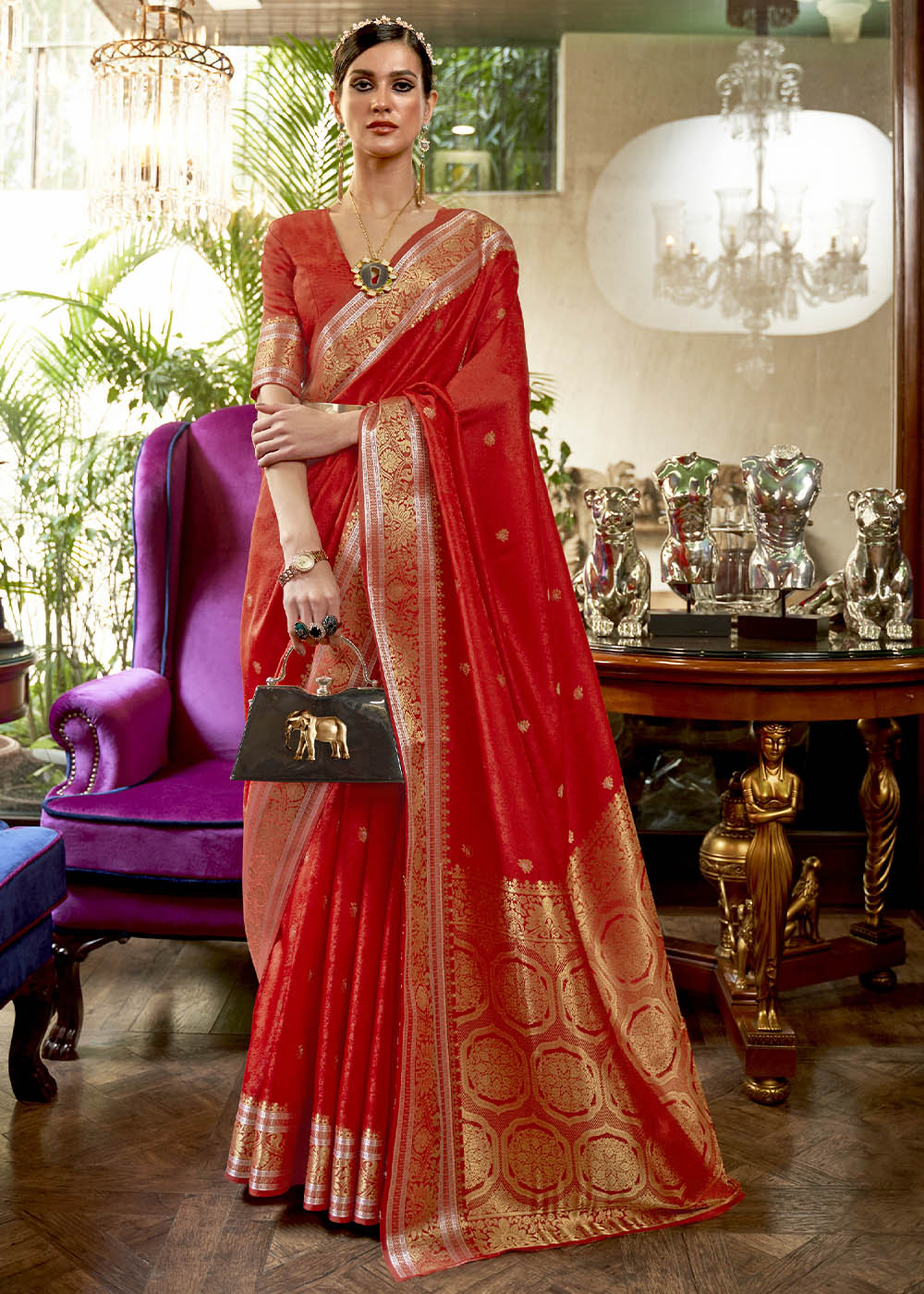 Crimson Red Kanjivaram Silk Saree Woven with Silver & Golden Zari - Colorful Saree