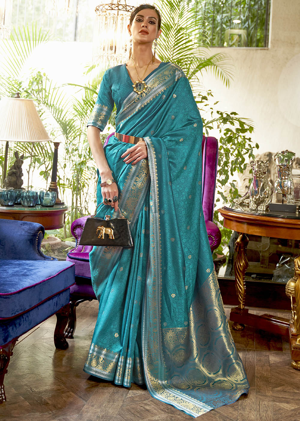 Curious Blue Kanjivaram Silk Saree Woven with Silver & Golden Zari - Colorful Saree
