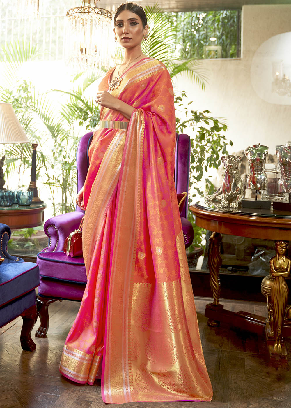 Shades Of Pink Kanjivaram Silk Saree Woven with Silver & Golden Zari - Colorful Saree