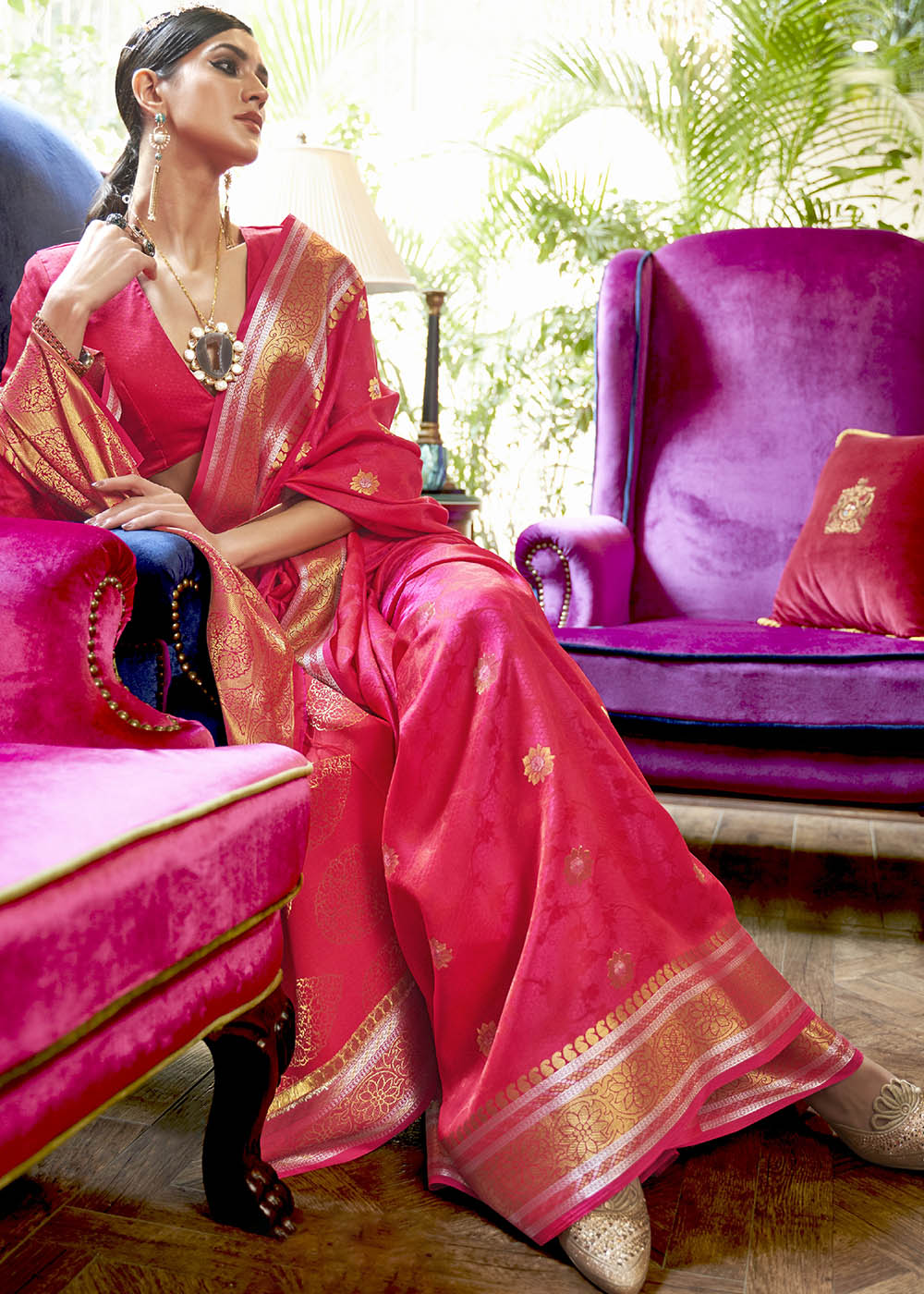 Hot Pink Kanjivaram Silk Saree Woven with Silver & Golden Zari - Colorful Saree