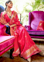 Hot Pink Kanjivaram Silk Saree Woven with Silver & Golden Zari - Colorful Saree