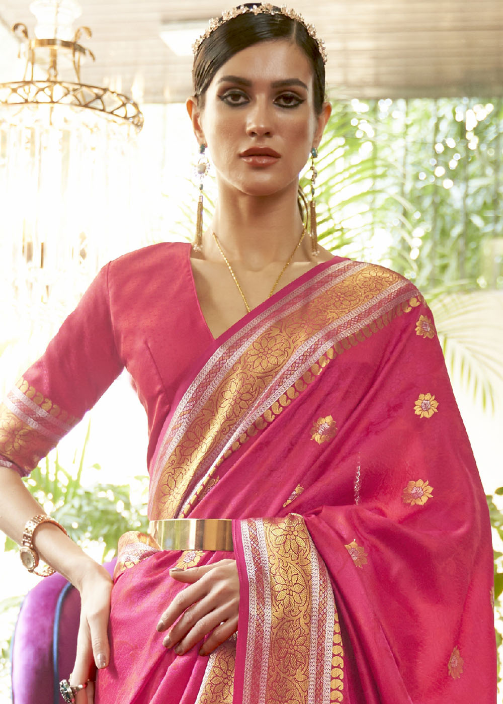 Hot Pink Kanjivaram Silk Saree Woven with Silver & Golden Zari - Colorful Saree