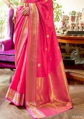 Hot Pink Kanjivaram Silk Saree Woven with Silver & Golden Zari - Colorful Saree