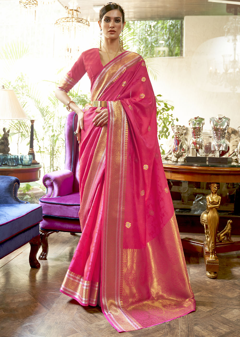 Hot Pink Kanjivaram Silk Saree Woven with Silver & Golden Zari - Colorful Saree