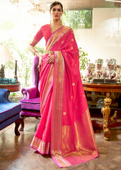 Hot Pink Kanjivaram Silk Saree Woven with Silver & Golden Zari - Colorful Saree