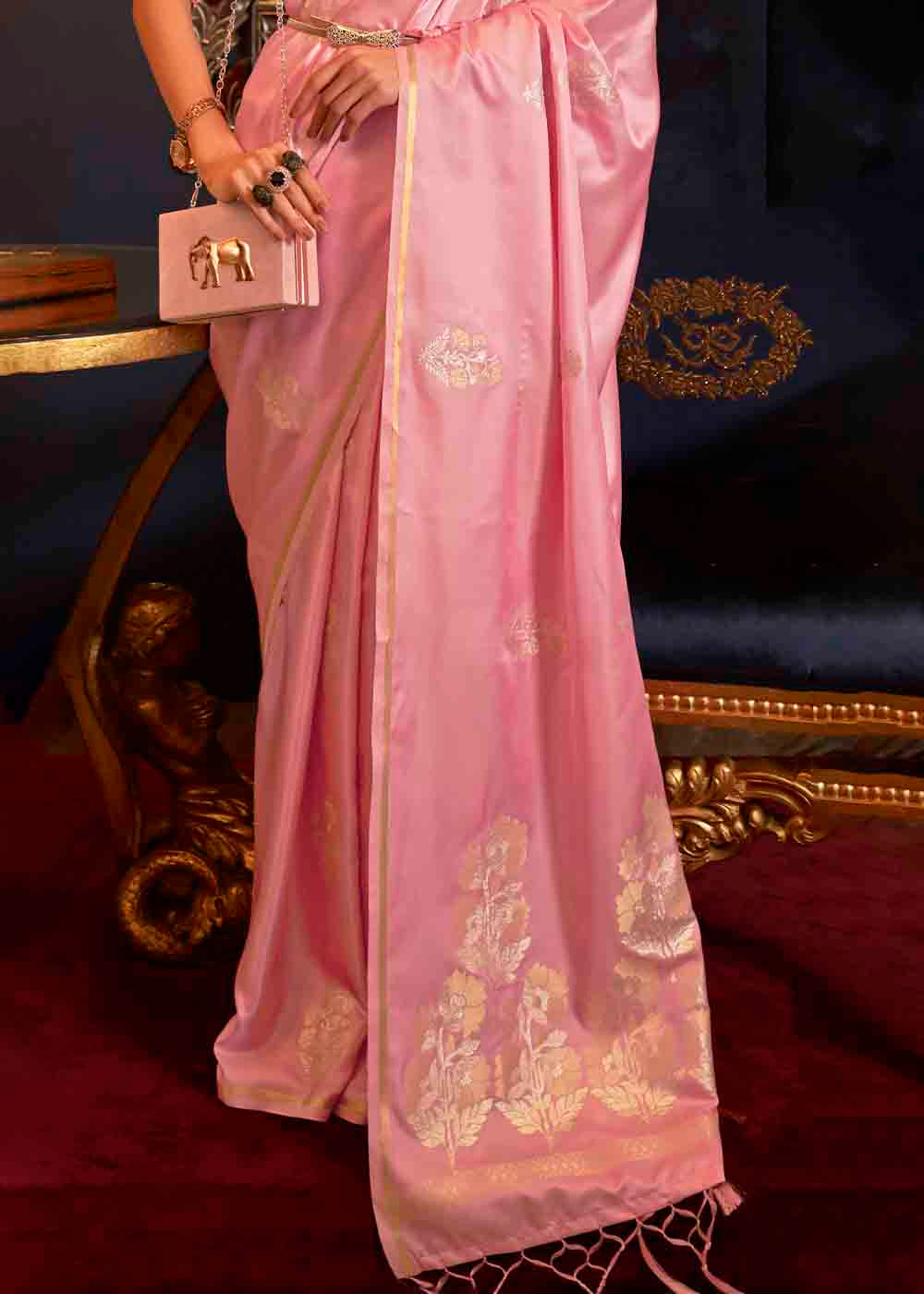 Carnation Pink Designer Satin Silk Saree - Colorful Saree