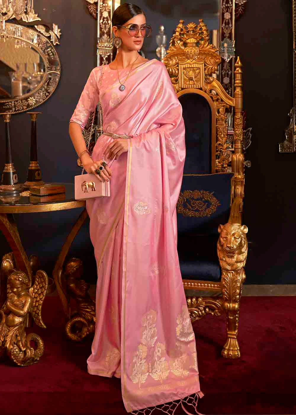 Carnation Pink Designer Satin Silk Saree - Colorful Saree