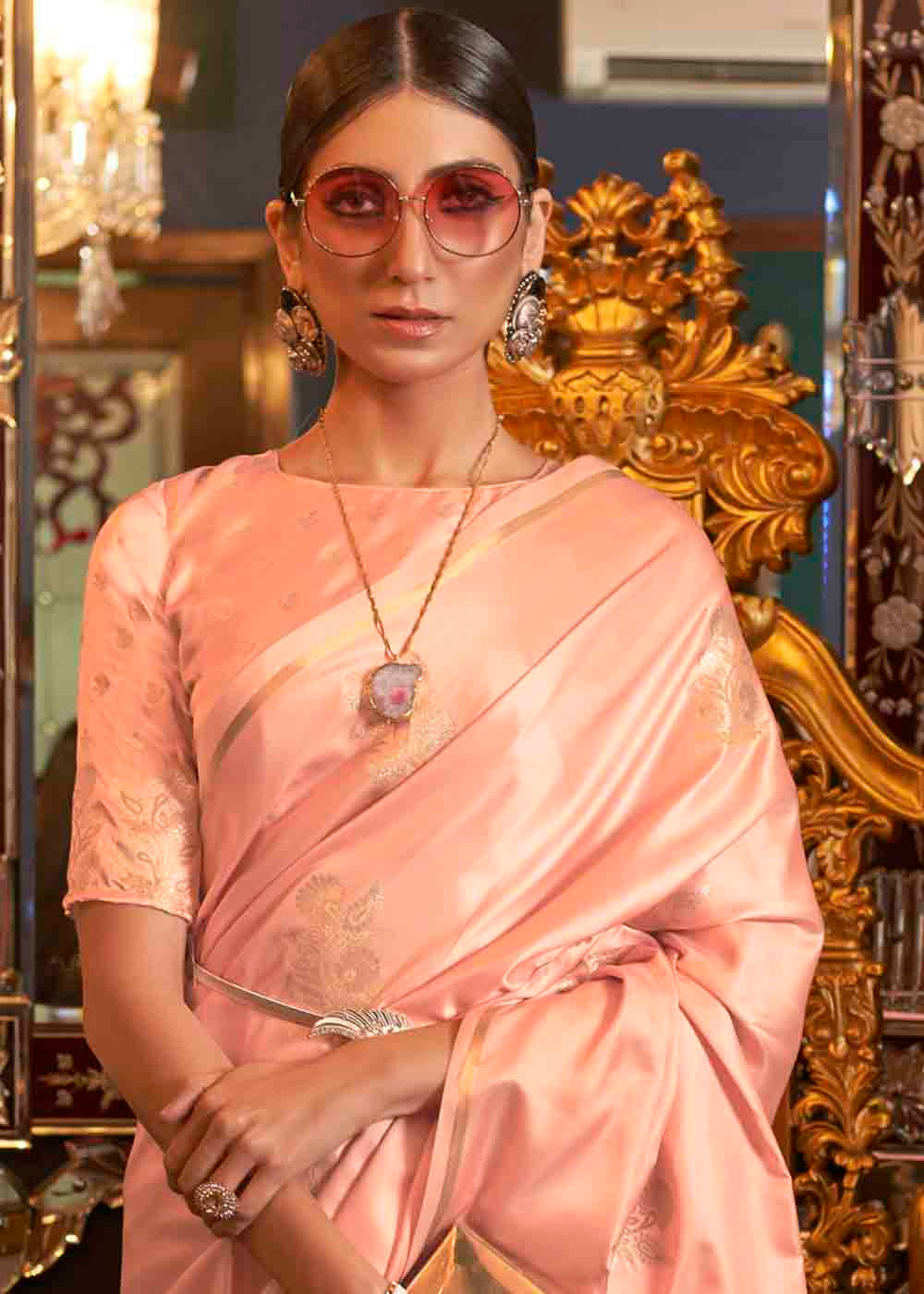 Coral Pink Designer Satin Silk Saree - Colorful Saree