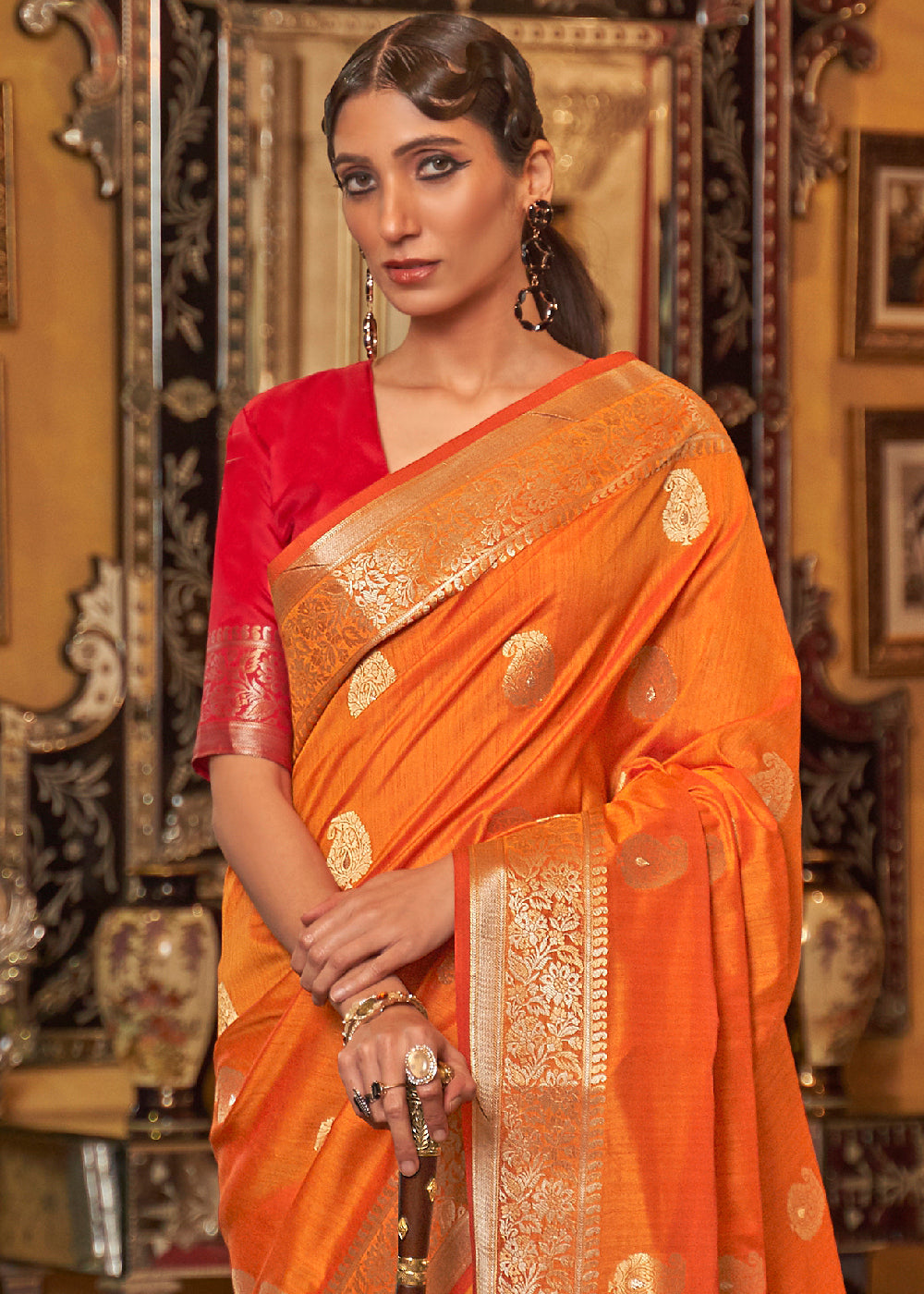 Bright Orange Zari Woven Tussar Silk Saree - Colorful Saree