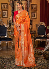 Bright Orange Zari Woven Tussar Silk Saree - Colorful Saree