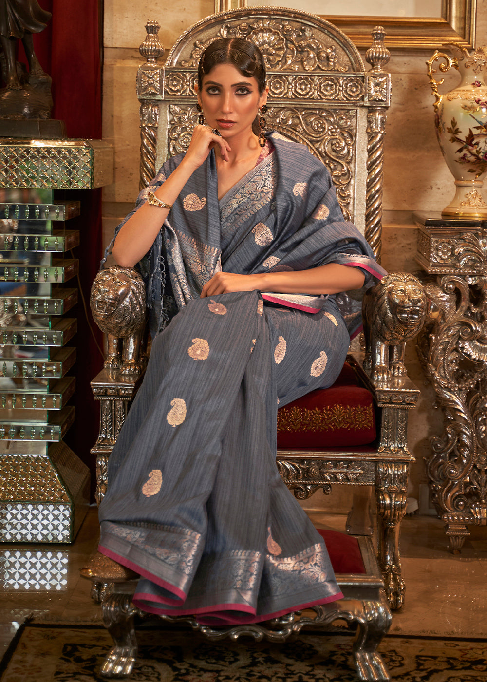 Pewter Grey Zari Woven Tussar Silk Saree - Colorful Saree